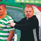 Celtic manager Neil Lennon with Patryk Klimala, who says he feels in ‘good shape’. 
Photograph: Craig Williamson/SNS