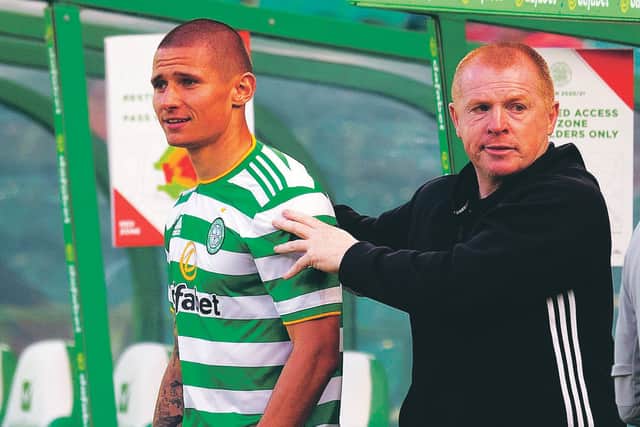 Celtic manager Neil Lennon with Patryk Klimala, who says he feels in ‘good shape’.
Photograph: Craig Williamson/SNS