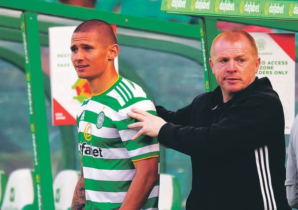 Celtic manager Neil Lennon with Patryk Klimala, who says he feels in ‘good shape’.
Photograph: Craig Williamson/SNS