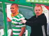 Celtic manager Neil Lennon with Patryk Klimala, who says he feels in ‘good shape’. 
Photograph: Craig Williamson/SNS