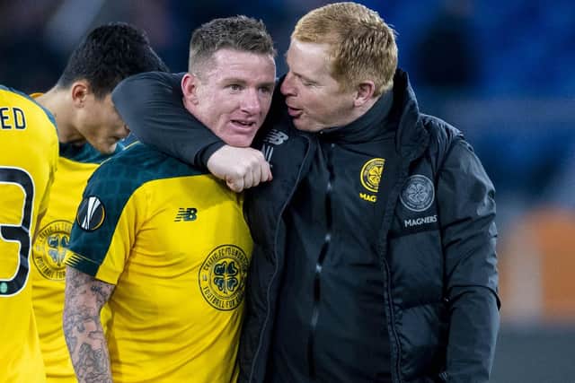 Jonny Hayes and Neil Lennon celebrate Celtic's stunning win over Lazio in Rome during last season's Europa League campaign. Picture: Craig Williamson/SNS