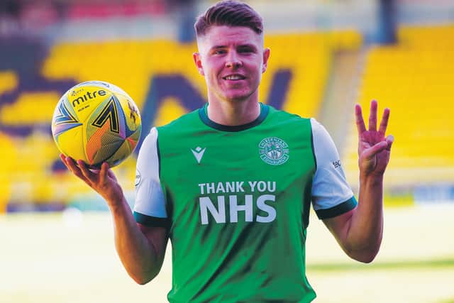 Kevin Nisbet keeps the matchball after his first Hibs hat-trick. Picture: Ross MacDonald / SNS