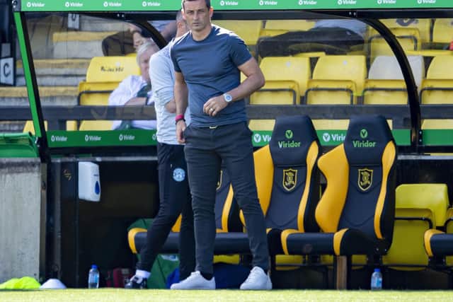 Hibs boss Jack Ross patrols the touchline at the Tony Macaroni Arena. Picture: Ross MacDonald/SNS