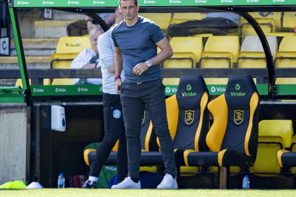 Hibs boss Jack Ross patrols the touchline at the Tony Macaroni Arena. Picture: Ross MacDonald/SNS
