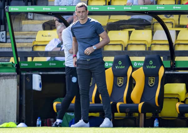 Hibs boss Jack Ross patrols the touchline at the Tony Macaroni Arena. Picture: Ross MacDonald/SNS