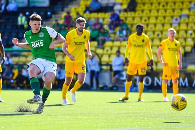 Kevin Nisbet's penalty wraps up Hibs' 4-1 victory at the Tony Macaroni Arena. Picture: Ross MacDonald/SNS Group