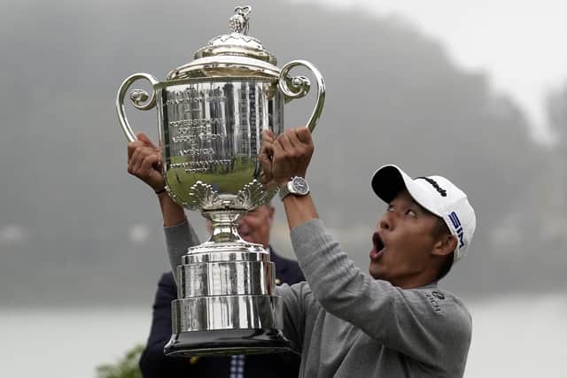 Collin Morikawa holds aloft the Wanamaker Trophy following his victory in the US PGA Championship in San Francisco on Sunday. Picture: Getty