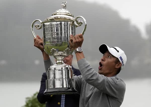 Collin Morikawa holds aloft the Wanamaker Trophy following his victory in the US PGA Championship in San Francisco on Sunday. Picture: Getty