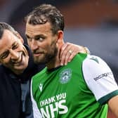 Hibs striker Christian Doidge celebrates with manager Jack Ross at full-time at Tannadice. Picture: 
Mark Scates/SNS Group
