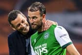 Hibs striker Christian Doidge celebrates with manager Jack Ross at full-time at Tannadice. Picture: 
Mark Scates/SNS Group