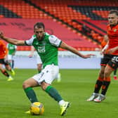 Christian Doidge scores to make it 1-0 to Hibs against Dundee United. Picture: Mark Scates/SNS Group