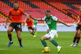 Christian Doidge scores to make it 1-0 to Hibs against Dundee United. Picture: Mark Scates/SNS Group