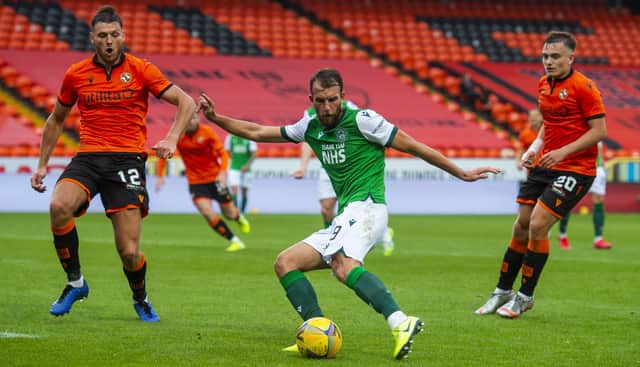 Christian Doidge scores to make it 1-0 to Hibs against Dundee United. Picture: Mark Scates/SNS Group