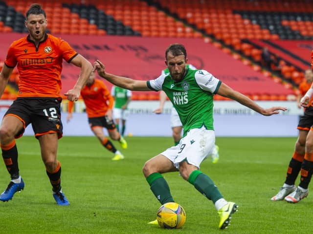 Christian Doidge scores to make it 1-0 to Hibs against Dundee United. Picture: Mark Scates/SNS Group