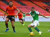 Christian Doidge scores to make it 1-0 to Hibs against Dundee United. Picture: Mark Scates/SNS Group