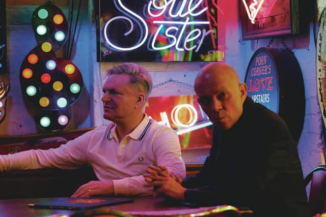 Andy Bell with Vince Clarke at a shoot for The Neon album cover in Gods Own Junkyard in Stratford, London. Picture: Phil Sharp