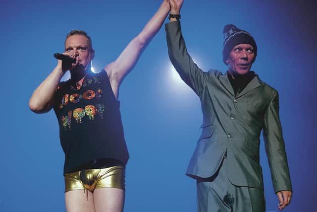 Bell had long been a fan of Clarke's music with Depeche Mode and Yazoo when he got the chance to work with him with Erasure in 1985. The duo performing in New York in 2014. Picture: Getty Images