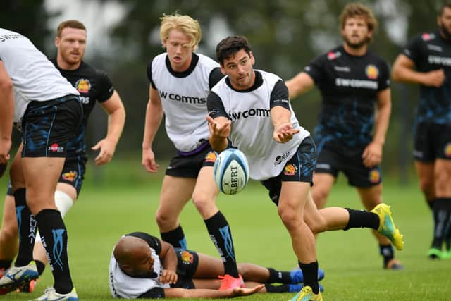 Sam Hidalgo-Clyne releases a pass during training this week as Exeter Chiefs prepare for the resumption of the Gallagher Premiership season this weekend. Picture: Getty