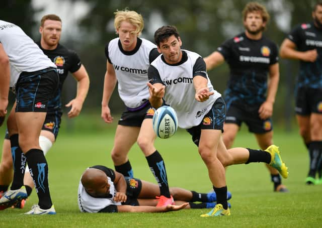 Sam Hidalgo-Clyne releases a pass during training this week as Exeter Chiefs prepare for the resumption of the Gallagher Premiership season this weekend. Picture: Getty