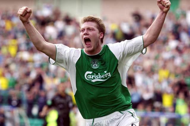 Garry O'Connor celebrates his winning goal for Hibs against Hearts in the Edinburgh derby at Easter Road in August 2003. Picture: PA Photo