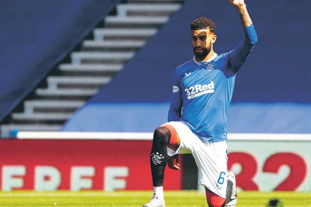 Rangers centre-back Connor Goldson takes a knee ahead of kick-off during last weekend’s match against St Mirren at Ibrox.  Photograph: Craig Foy/SNS