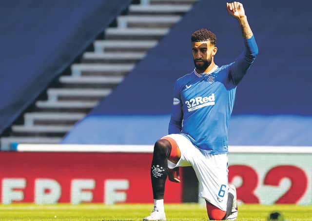 Rangers centre-back Connor Goldson takes a knee ahead of kick-off during last weekend’s match against St Mirren at Ibrox.  Photograph: Craig Foy/SNS