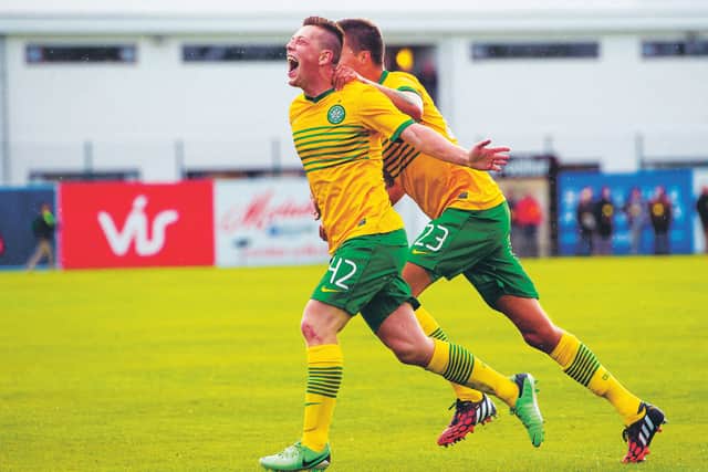 Callum McGregor celebrates after scoring his first goal for Celtic on his debut in a Champions League qualifier against KR Reykjavik in 2014. Photograph: Sammy Turner/SNS