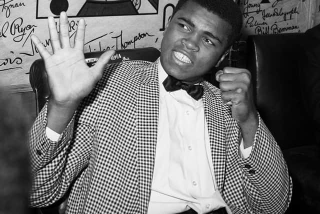 Cassius Clay in 1963, predicting he will stop British heavyweight Henry Cooper in five rounds at a pre fight lunch in London's West End