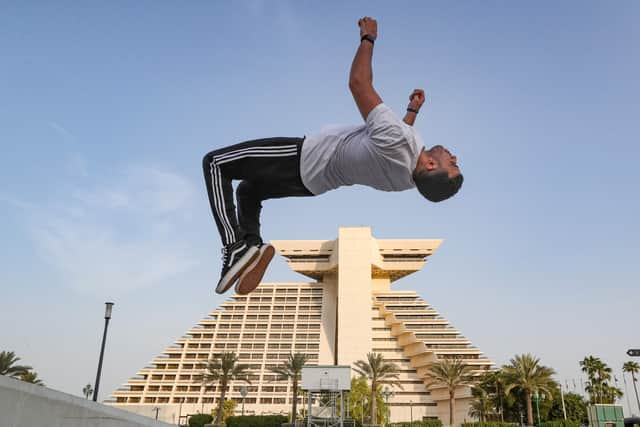 Achref Bejaoui, 25, performs parkour, a sport that originated in France in the 1990s. Picture: Karin Jaafar/AFP via Getty Images