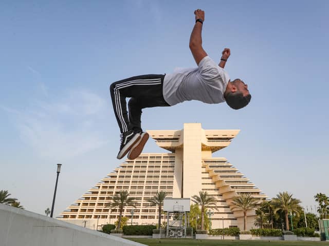 Achref Bejaoui, 25, performs parkour, a sport that originated in France in the 1990s. Picture: Karin Jaafar/AFP via Getty Images