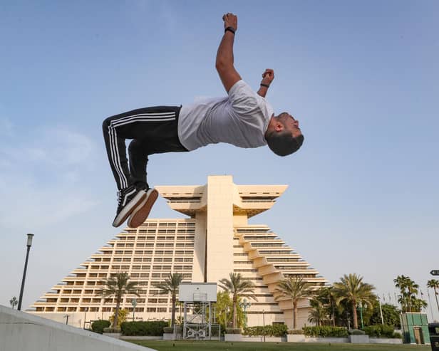 Achref Bejaoui, 25, performs parkour, a sport that originated in France in the 1990s. Picture: Karin Jaafar/AFP via Getty Images