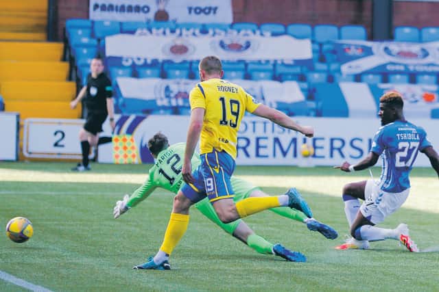 Aaron Tshibola puts Kilmarnock in front at Rugby Park. Picture: Davie Henderson