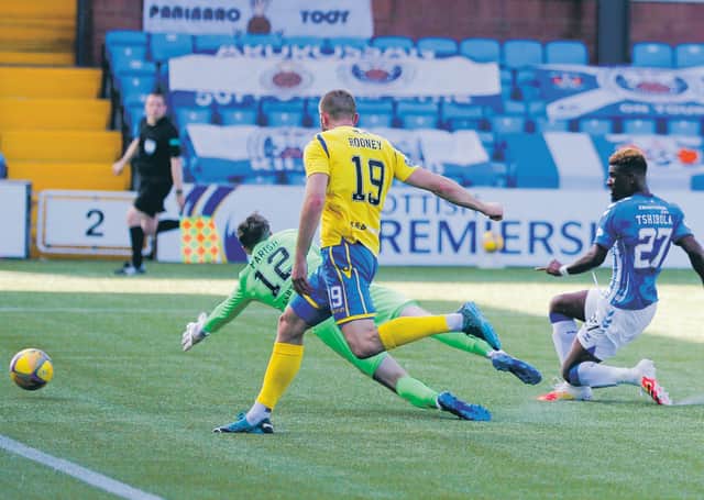 Aaron Tshibola puts Kilmarnock in front at Rugby Park. Picture: Davie Henderson
