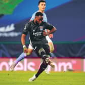 Lyon's Moussa Dembele scores his team's second goal during the 3-1 win over Manchester City. Picture: Franck Fife/AP