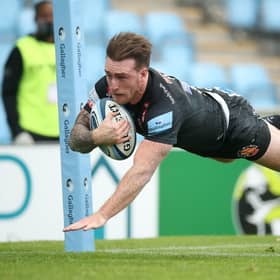 Stuart Hogg dives over to score Exeter's second try against Leicester. Picture: Adam Davy/PA Wire