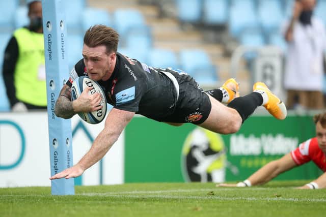 Stuart Hogg dives over to score Exeter's second try against Leicester. Picture: Adam Davy/PA Wire