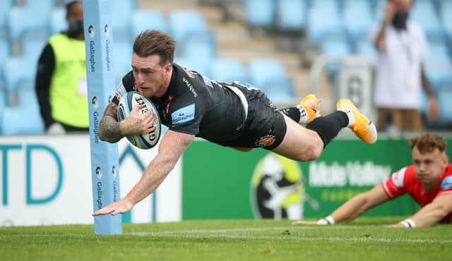 Stuart Hogg dives over to score Exeter's second try against Leicester. Picture: Adam Davy/PA Wire