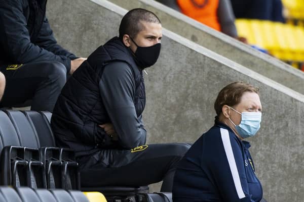 QPR-bound Lyndon Dykes watches on from the stands during Livingston's match against Rangers at the Tony Macaroni Arena. Picture: Craig Williamson/NMC Pool/PA Wire.