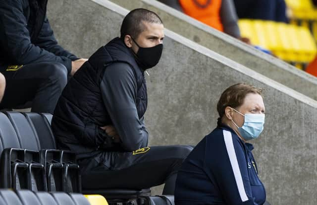 QPR-bound Lyndon Dykes watches on from the stands during Livingston's match against Rangers at the Tony Macaroni Arena. Picture: Craig Williamson/NMC Pool/PA Wire.