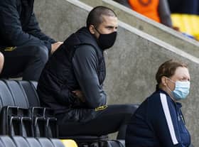 QPR-bound Lyndon Dykes watches on from the stands during Livingston's match against Rangers at the Tony Macaroni Arena. Picture: Craig Williamson/NMC Pool/PA Wire.
