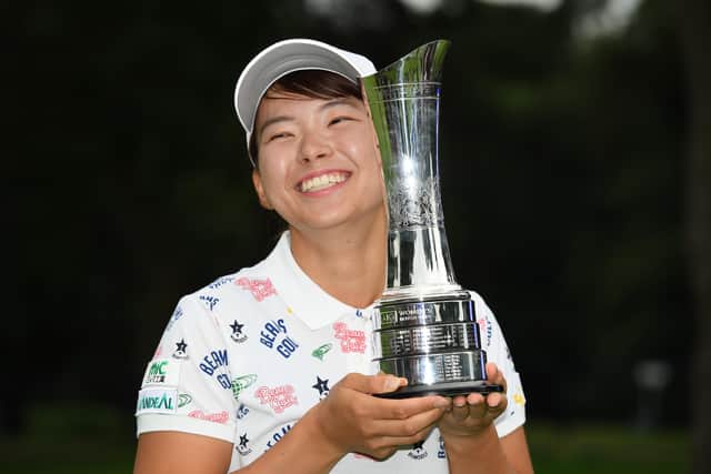 Japan's Hinako Shibuno celebrates her win last year at Woburn. Picture: Ross Kinnaird/Getty Images
