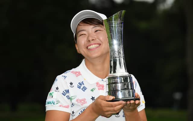 Japan's Hinako Shibuno celebrates her win last year at Woburn. Picture: Ross Kinnaird/Getty Images