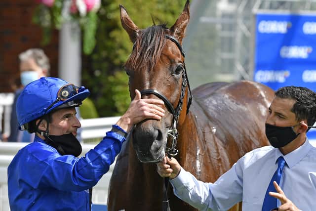 Ghaiyyath and jockey William Buick after wining the Coral-Eclipse Stakes at Sandown last month. Picture: Francesca Altoft/Pool via Getty