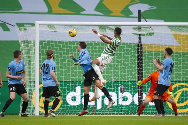 Christopher Jullien makes it 3-0 for Celtic against KR Reykjavik. Picture: Mark Scates / SNS