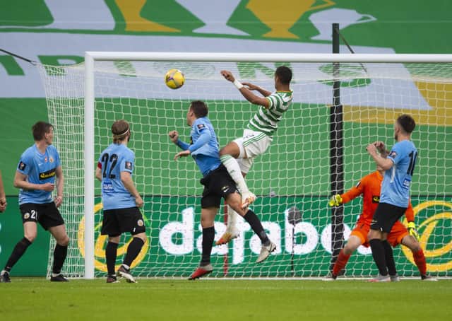 Christopher Jullien makes it 3-0 for Celtic against KR Reykjavik. Picture: Mark Scates / SNS 