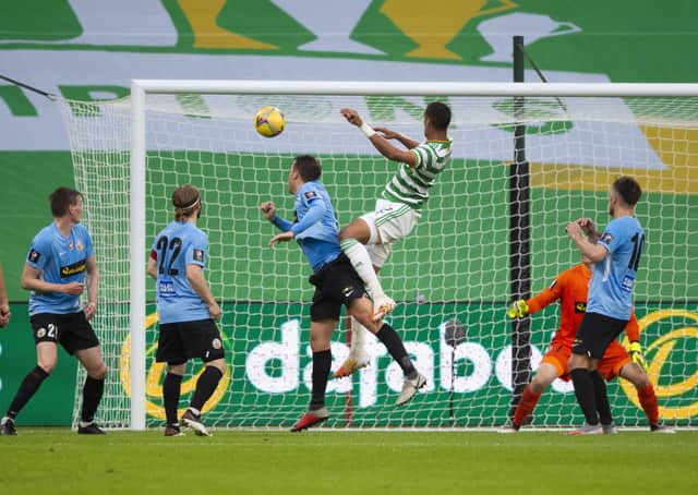 Christopher Jullien makes it 3-0 for Celtic against KR Reykjavik. Picture: Mark Scates / SNS