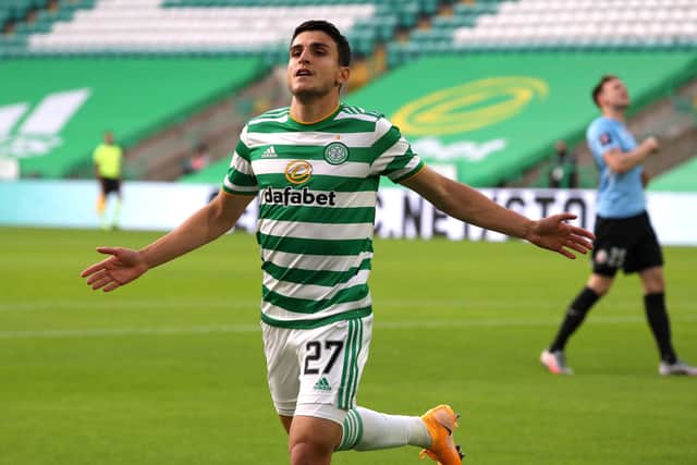 Mohamed Elyounoussi celebrates after scoring the first of his two goals in Celtic's 6-0 rout of KR Reykjavik. Picture: Andrew Milligan/PA Wire