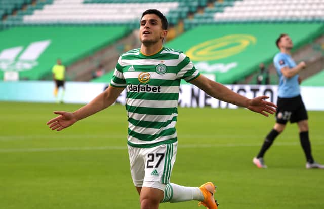 Mohamed Elyounoussi celebrates after scoring the first of his two goals in Celtic's 6-0 rout of KR Reykjavik. Picture: Andrew Milligan/PA Wire