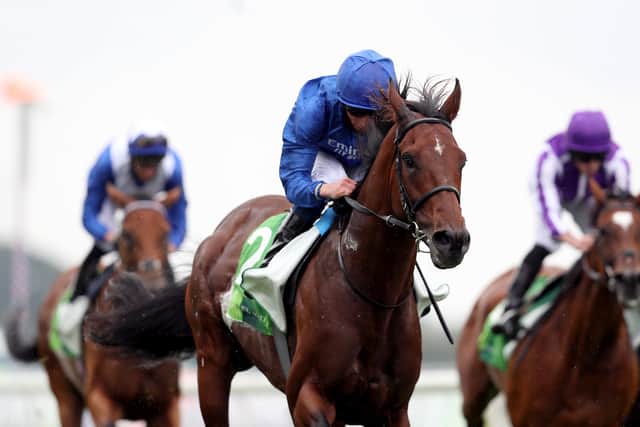 Ghaiyyath and William Buick cruise over the line to win a third Group One this season in the Juddmonte International Stakes at York. Picture: David Davies/PA