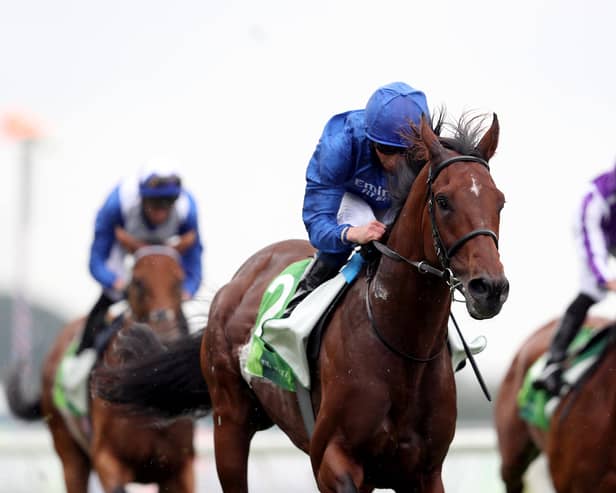 Ghaiyyath and William Buick cruise over the line to win a third Group One this season in the Juddmonte International Stakes at York. Picture: David Davies/PA